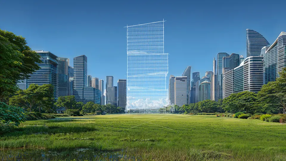 En moderne bysilhuett med høye bygninger omgitt av grønt landskap og blå himmel, med et gjennomsiktig bygg under planlegging i midten.